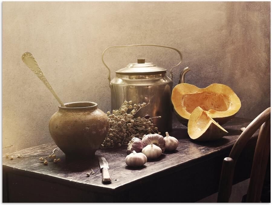 Poster 160x120 cm Stilleven Pompoen Knoflook Pan Tafel Posters Kamer decoratie Wanddecoratie woonkamer Muurdecoratie slaapkamer XXL - Foto 2