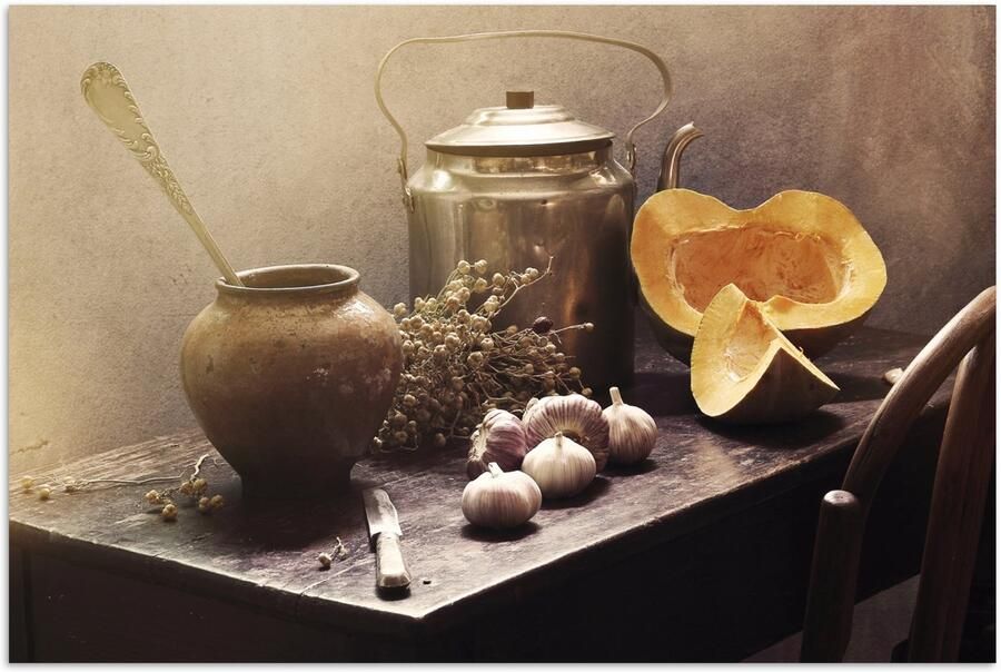 Poster 180x120 cm Stilleven Pompoen Knoflook Pan Tafel Posters Kamer decoratie Wanddecoratie woonkamer Muurdecoratie slaapkamer XXL - Foto 2