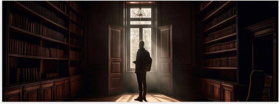 Poster Glanzend – Bibliotheek Man Boeken Leeg 90x30 cm Foto op Posterpapier met Glanzende Afwerking