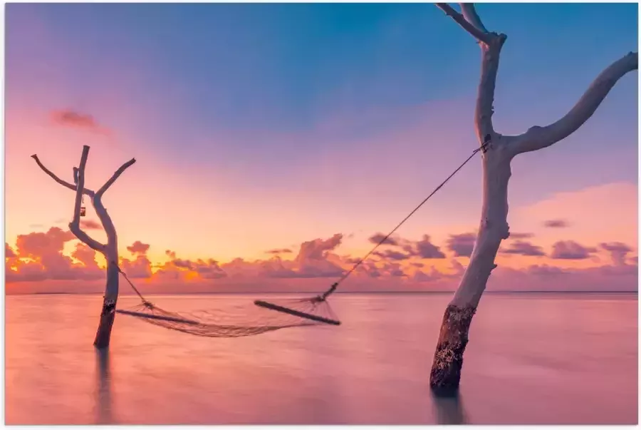 Poster Glanzend – Hangmat tussen Kale Takken in de Zee tijdens Zonsondergang 75x50 cm Foto op Posterpapier met Glanzende Afwerking
