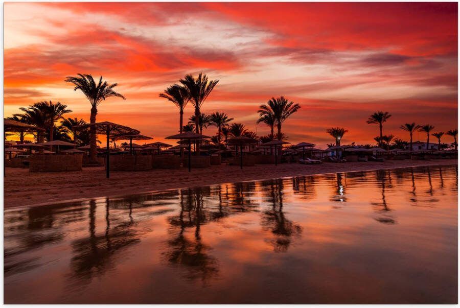 Poster Glanzend – Strand Zee Zonsondergang Parasols Palmbomen 120x80 cm Foto op Posterpapier met Glanzende Afwerking