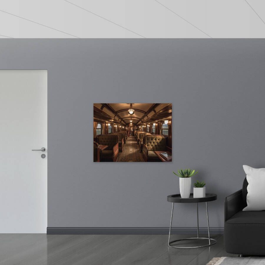 Poster Glanzend – Trein Stoelen Hout Lampen 100x75 cm Foto op Posterpapier met Glanzende Afwerking