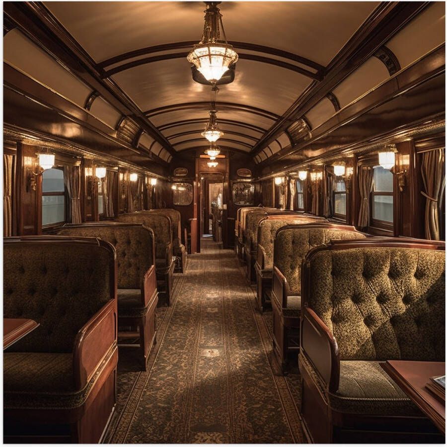 Poster Glanzend – Trein Stoelen Hout Lampen 50x50 cm Foto op Posterpapier met Glanzende Afwerking