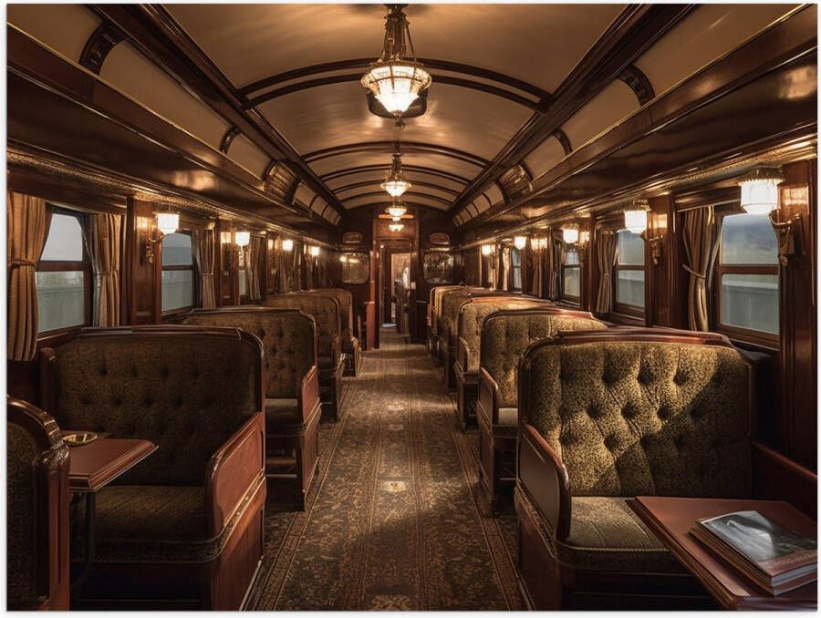 Poster Glanzend – Trein Stoelen Hout Lampen 80x60 cm Foto op Posterpapier met Glanzende Afwerking