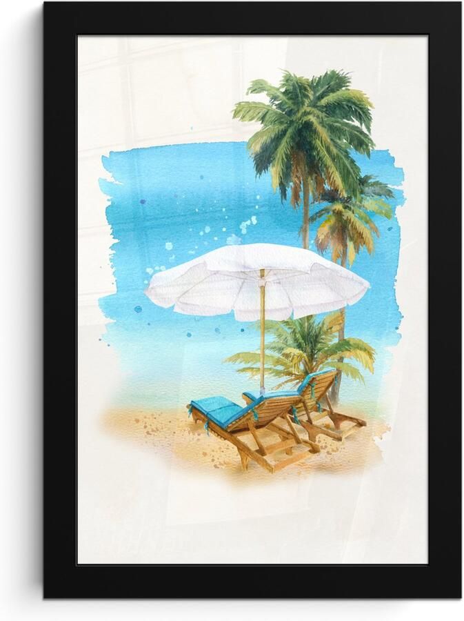 Poster in lijst Fotolijst 20x30 cm Posters Strandstoel Parasol Palmboom- Zee Posterlijst zwart Decoratie Wanddecoratie woonkamer Muurdecoratie slaapkamer - Foto 2