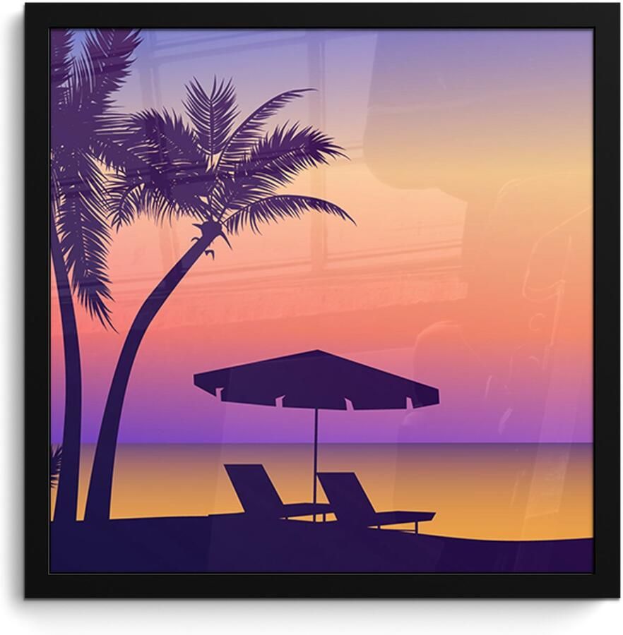 Poster in lijst Fotolijst 40x40 cm Posters Strandstoel Parasol Nacht Tekening Posterlijst zwart Decoratie Wanddecoratie woonkamer Muurdecoratie slaapkamer - Foto 2