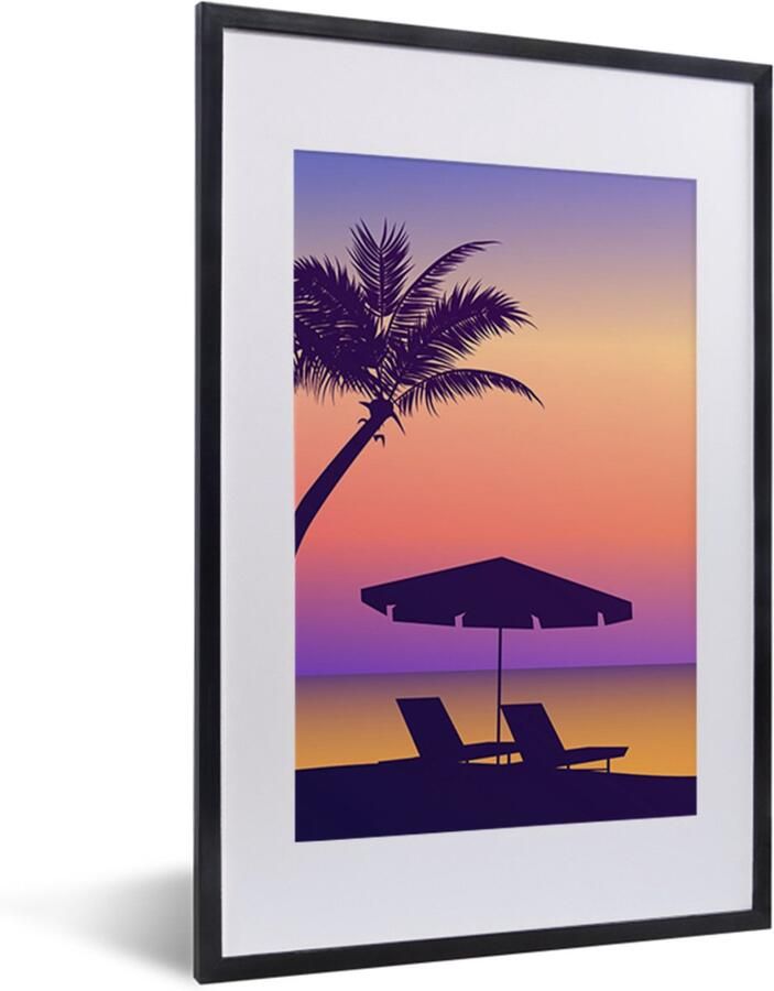 Poster in lijst Fotolijst 40x60 cm Posters Strandstoel Parasol Palmboom Nacht Posterlijst zwart Decoratie Wanddecoratie woonkamer Muurdecoratie slaapkamer