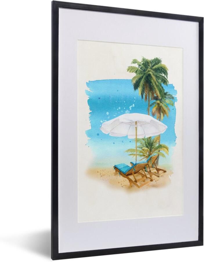 Poster in lijst Fotolijst 40x60 cm Posters Strandstoel Parasol Palmboom- Zee Posterlijst zwart Decoratie Wanddecoratie woonkamer Muurdecoratie slaapkamer