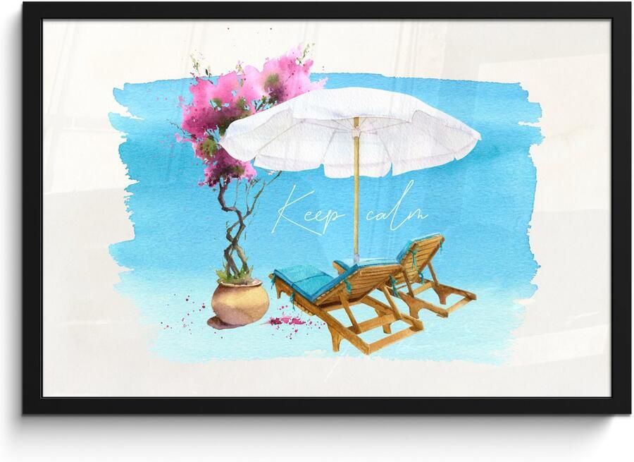 Poster in lijst Fotolijst 60x40 cm Posters Strandstoel Bloemen Parasol Waterverf Posterlijst zwart Decoratie Wanddecoratie woonkamer Muurdecoratie slaapkamer - Foto 2