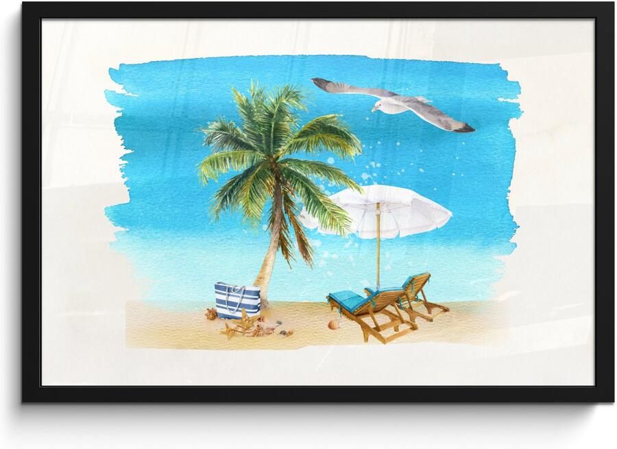 Poster in lijst Fotolijst 60x40 cm Posters Strandstoel Parasol Palmbomen Strand Posterlijst zwart Decoratie Wanddecoratie woonkamer Muurdecoratie slaapkamer - Foto 2