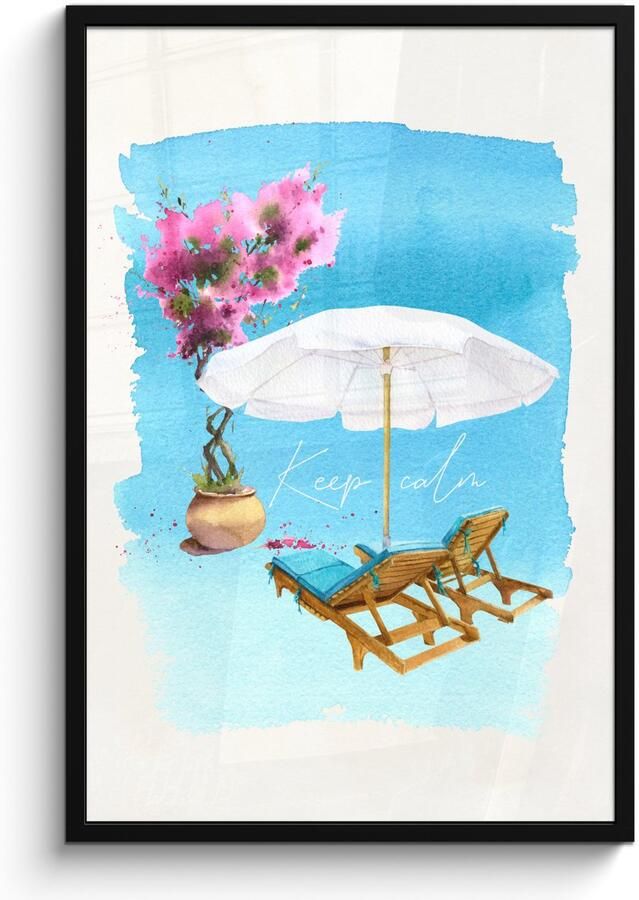Poster in lijst Fotolijst 60x90 cm Posters Strandstoel Bloemen Parasol Tekening Posterlijst zwart Decoratie Wanddecoratie woonkamer Muurdecoratie slaapkamer - Foto 2