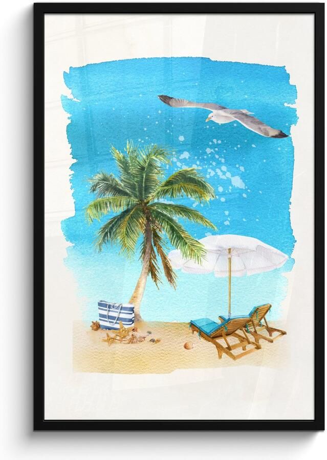 Poster in lijst Fotolijst 60x90 cm Posters Strandstoel Parasol Palmboom Lucht Posterlijst zwart Decoratie Wanddecoratie woonkamer Muurdecoratie slaapkamer - Foto 2