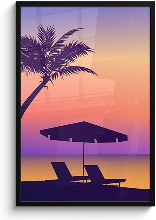 Poster in lijst Fotolijst 60x90 cm Posters Strandstoel Parasol Palmboom Nacht Posterlijst zwart Decoratie Wanddecoratie woonkamer Muurdecoratie slaapkamer - Foto 2