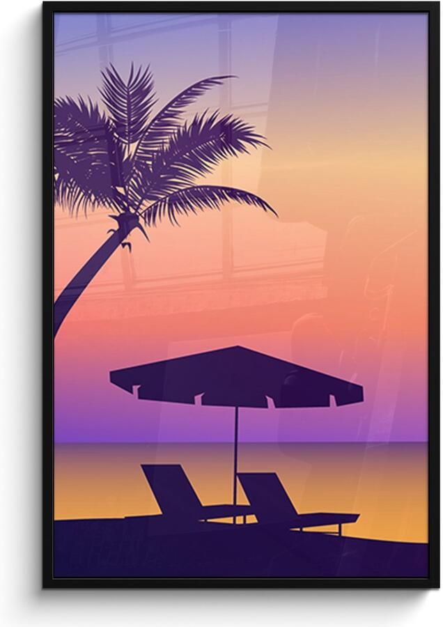 Poster in lijst Fotolijst 80x120 cm Posters Strandstoel Parasol Palmboom Nacht Posterlijst zwart Decoratie Wanddecoratie woonkamer Muurdecoratie slaapkamer - Foto 2