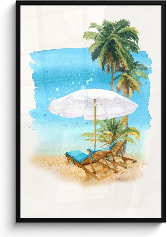 Poster in lijst Fotolijst 80x120 cm Posters Strandstoel Parasol Palmboom- Zee Posterlijst zwart Decoratie Wanddecoratie woonkamer Muurdecoratie slaapkamer - Foto 2