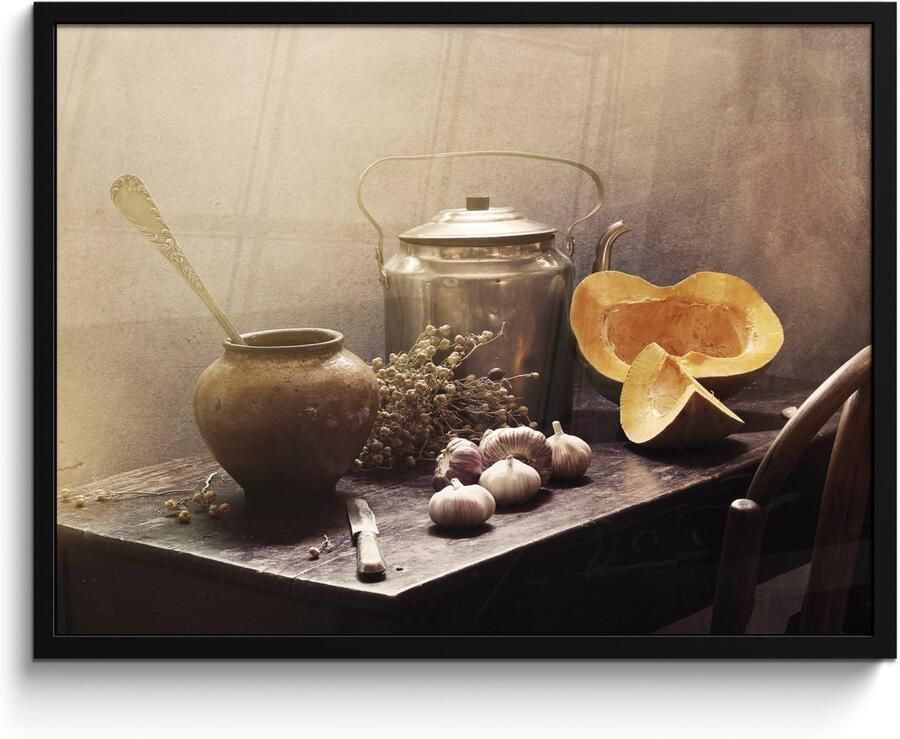 Poster in lijst Fotolijst 80x60 cm Posters Stilleven Pompoen Knoflook Pan Tafel Posterlijst zwart Decoratie Wanddecoratie woonkamer Muurdecoratie slaapkamer - Foto 2