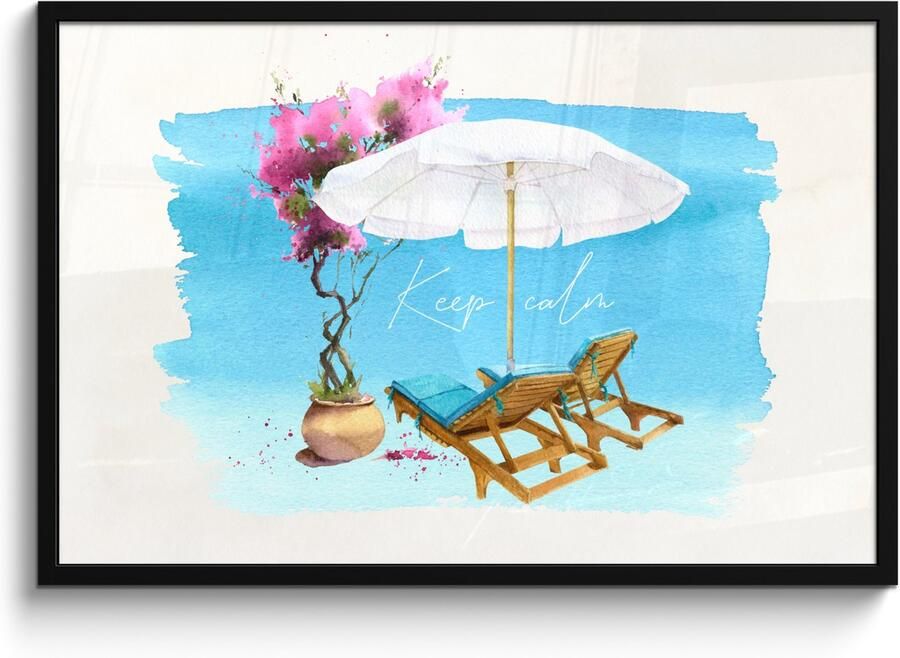 Poster in lijst Fotolijst 90x60 cm Posters Strandstoel Bloemen Parasol Waterverf Posterlijst zwart Decoratie Wanddecoratie woonkamer Muurdecoratie slaapkamer - Foto 2