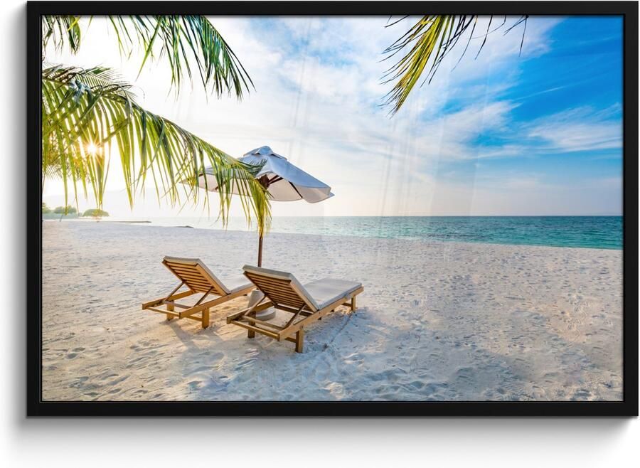 Poster in lijst Fotolijst 90x60 cm Posters Strandstoel Parasol Zonsondergang Posterlijst zwart Decoratie Wanddecoratie woonkamer Muurdecoratie slaapkamer - Foto 2