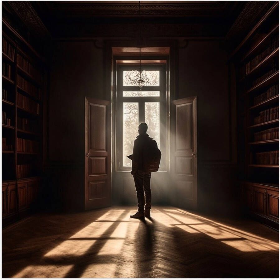 Poster (Mat) Bibliotheek Man Boeken Leeg 50x50 cm Foto op Posterpapier met een Matte look