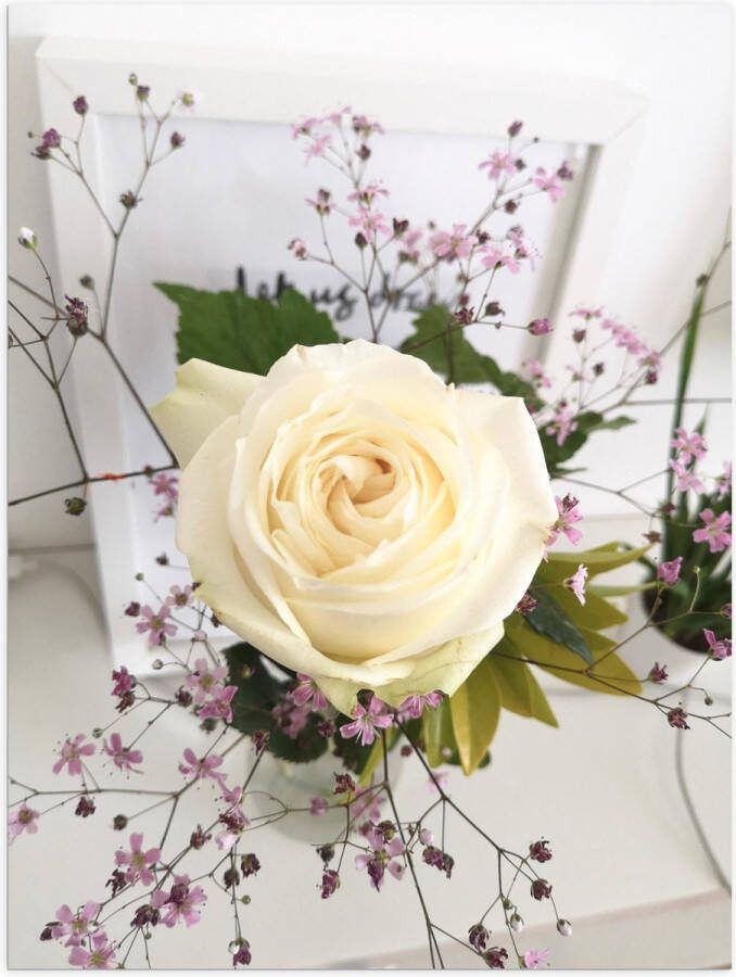 Poster (Mat) Bloemen Roos Bladeren Bureau Boeket Vaas 30x40 cm Foto op Posterpapier met een Matte look