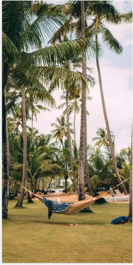 Poster (Mat) Hangmat tussen Palmbomen 50x100 cm Foto op Posterpapier met een Matte look
