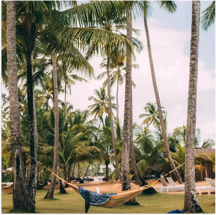 Poster (Mat) Hangmat tussen Palmbomen 50x50 cm Foto op Posterpapier met een Matte look