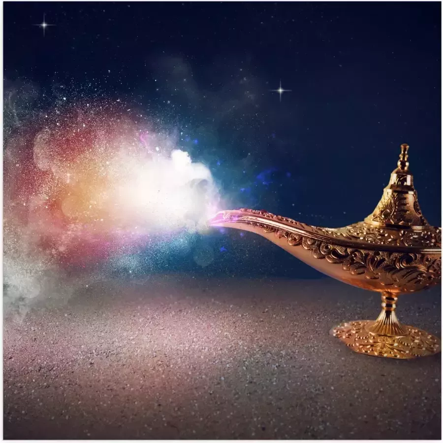 Poster (Mat) Magische Gouden Lamp met Kleurrijke Rook 50x50 cm Foto op Posterpapier met een Matte look - Foto 1