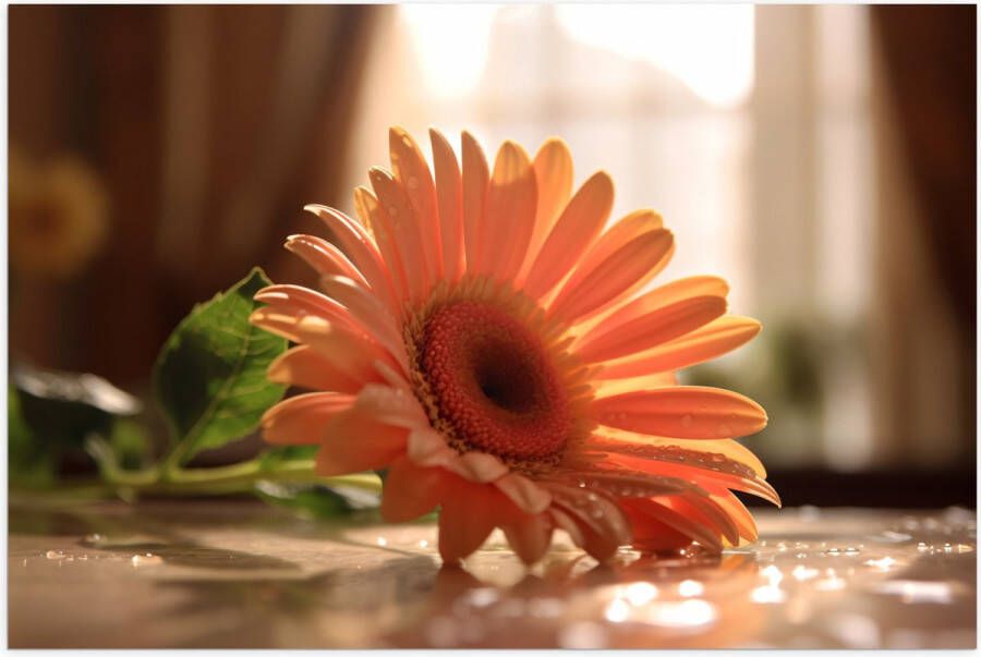 Poster (Mat) Oranje Gerbera Bloem op Tafel met Waterdruppels 120x80 cm Foto op Posterpapier met een Matte look