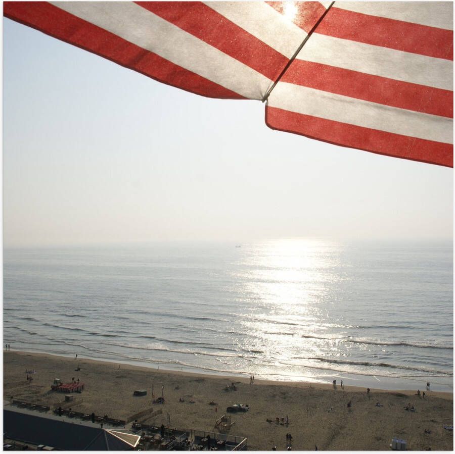 Poster (Mat) Strand Zee Zand Parasol Mensen Strandtent Zon 50x50 cm Foto op Posterpapier met een Matte look