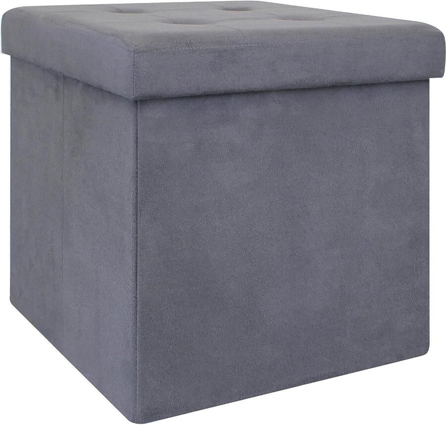 Pouf Coffre de Rangement Pliable Carré Suédine Gris Foncé H38 x 38 x 38 cm