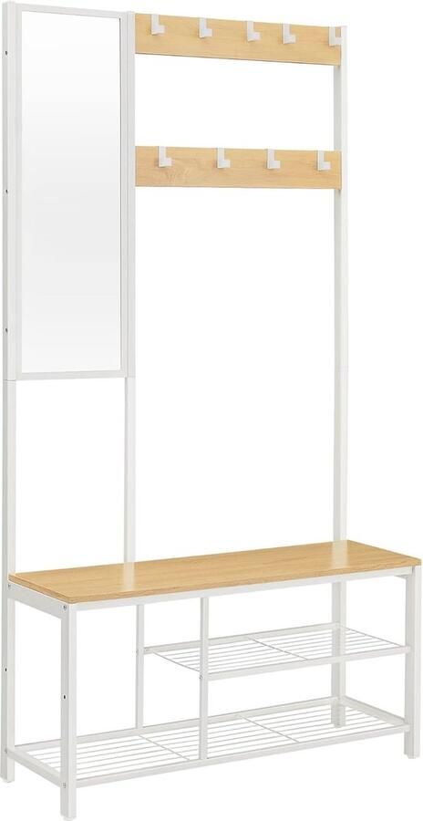 Praktische 4-in-1 Garderobestandaard met Haken Zitbank en Spiegel Ruimtebesparend Kledingrek voor Hal Slaapkamer en Woonkamer