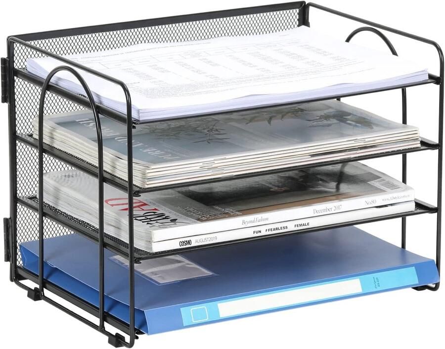 Praktische Bureau Organizer met Vier Compartimenten voor Documenten en Tijdschriften in Elegant Zwart Design