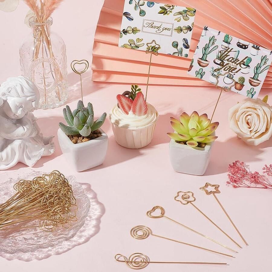 Premium 50 stuks Ster Foto Houder Draad Tafel Kaarthouder Goud Staal Bloem Hart Ring Loop Metalen Note Memo Craft Klem Arrangementen Sets voor Feest Kantoor Bureau Nummer Naam Kaarten Foto