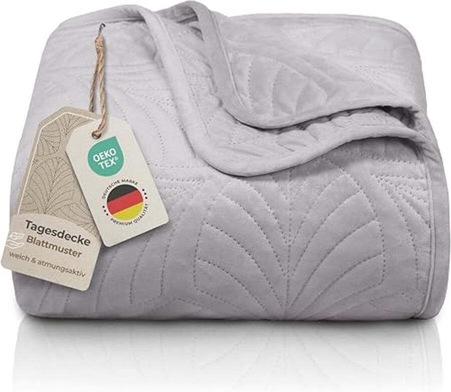 Premium Bedsprei 200 x 220 cm Naadloos Gestikte Velvet Deken met Bladmotief Zacht Kreukvrij en Onderhoudsvriendelijk Geschikt voor Bed en Bank (Grijs)