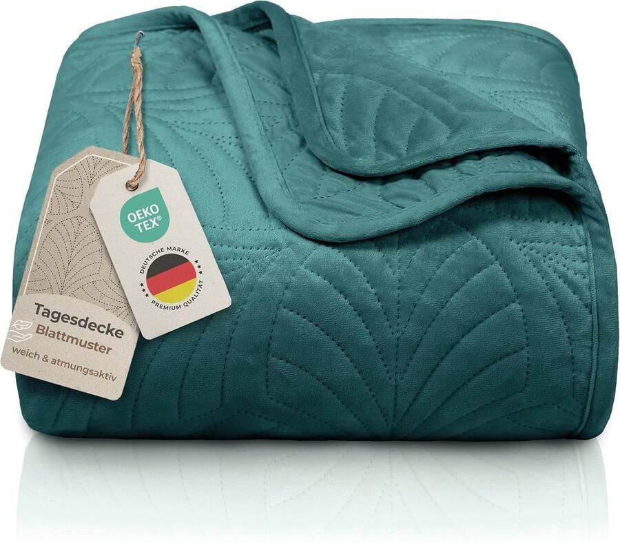 Premium Bedsprei 220x240 cm Donkergroen – Fluwelen Deken met Bladmotief & Naadloze Stiksels – Zachte Kreukvrije en Onderhoudsvriendelijke Sprei voor Bed en Bank