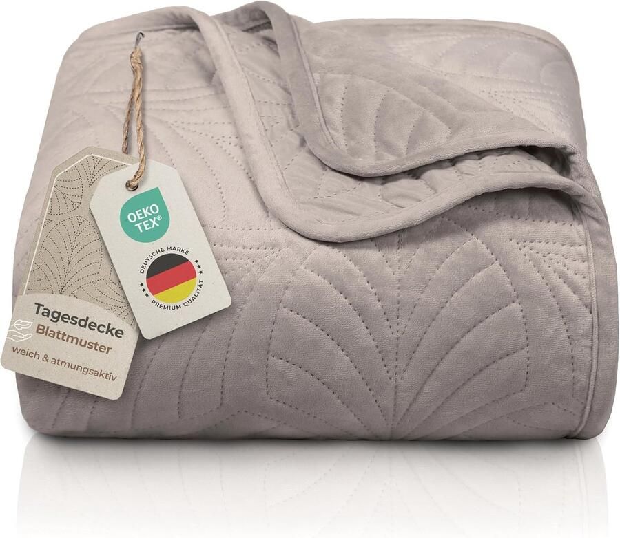 Premium Bedsprei 220x240 cm Taupe – Fluwelen Sprei met Bladmotief – Zachte & Kreukvrije Deken voor Bed en Bank – Onderhoudsvriendelijk & Naadloze Stiksels