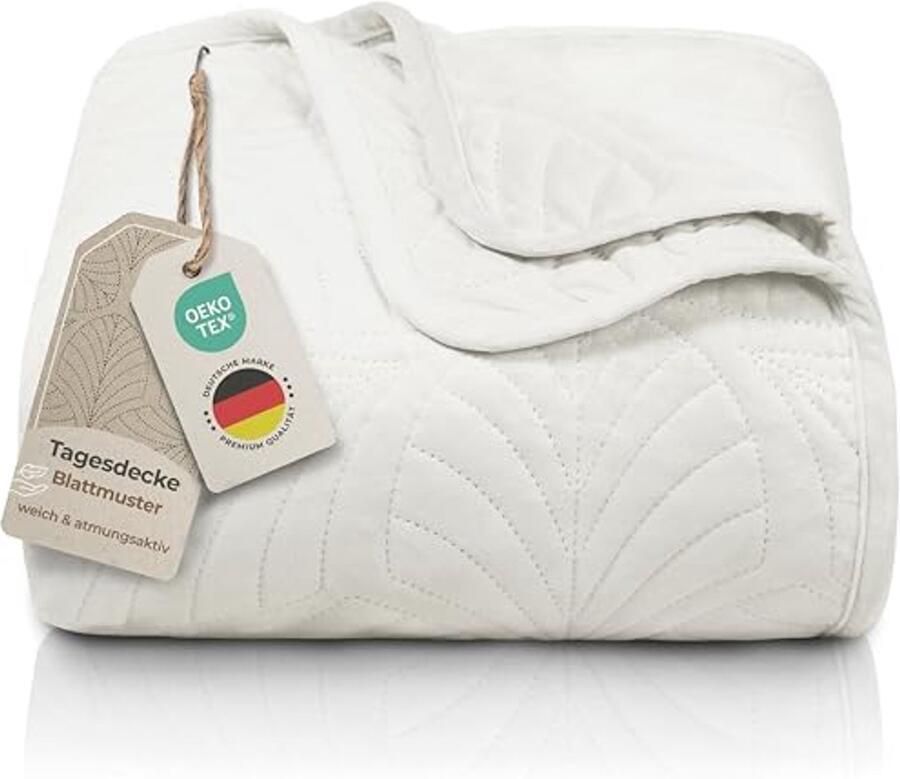 Premium Bedsprei 240 x 260 cm Velvet Dekbedovertrek met Bladeren Motief Zachte en Onderhoudsvriendelijke Bedsprei voor Bed en Bank (Crème)