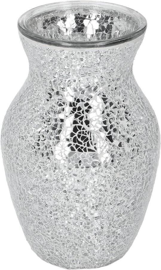 Premium Bloemenvaas met Kristal Mozaïek Zilver Crackle Glazen Vaas voor Huisdecoratie en Tafel Centerpieces Moderne Geschenken voor Thuis Vakantie & Jubileum Viering 20cm Hoog X 10cm Diameter
