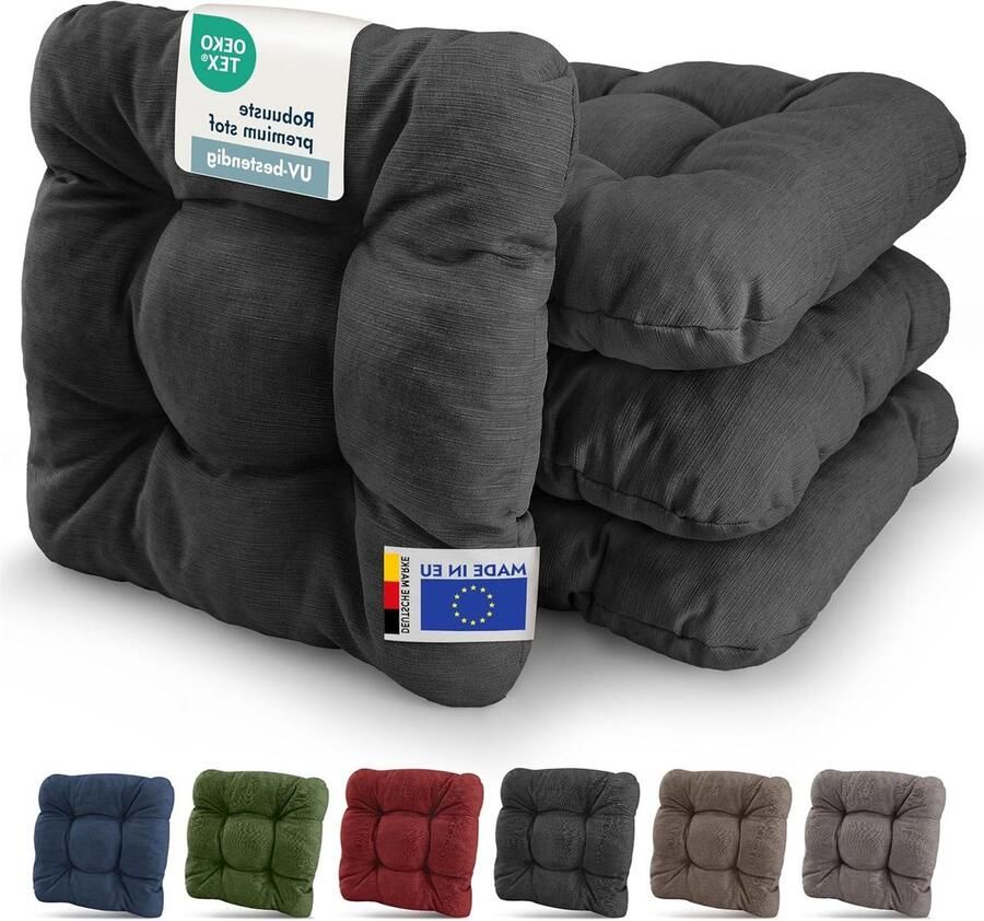 Premium Chair Cushion Set of 4 40x40cm Anthracite – UV-resistant & Robust Seat Cushion 8cm Thick for Outdoor Chairs Balcony Garden Indoor
