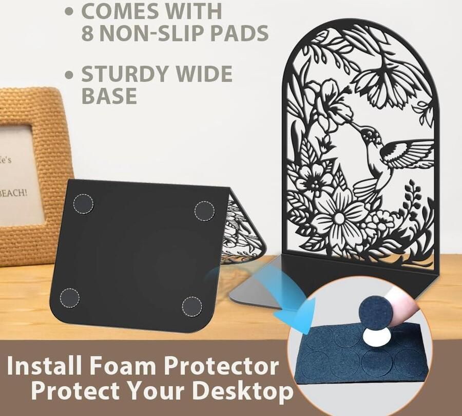 Premium Decoratieve boekensteunen van metaal zwart robuust Kolibrie en bloem 2 stuks; voor bureau kantoor thuis en school