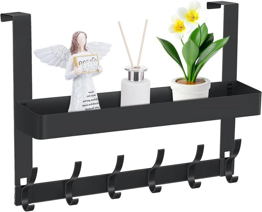 Premium Deurhaken-organizer met 6 haken en 1 mand voor jassen kleding en handdoeken Opbergruimte voor badkamer kledingkast studentenhuis (zwart dubbellaag)