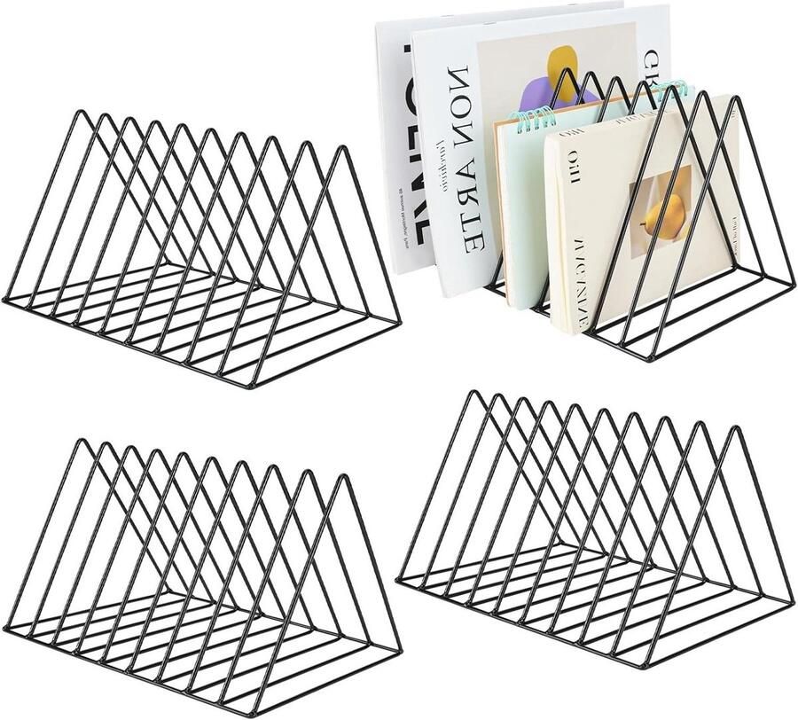 Premium Driehoekige ordners 4 stuks Zwarte tijdschriftenhouder Metalen vinyl platenstandaard Bureau-bestand-organizer Tijdschriftenrek Boekenkast Organizer voor kantoor en huis 9 sleuven