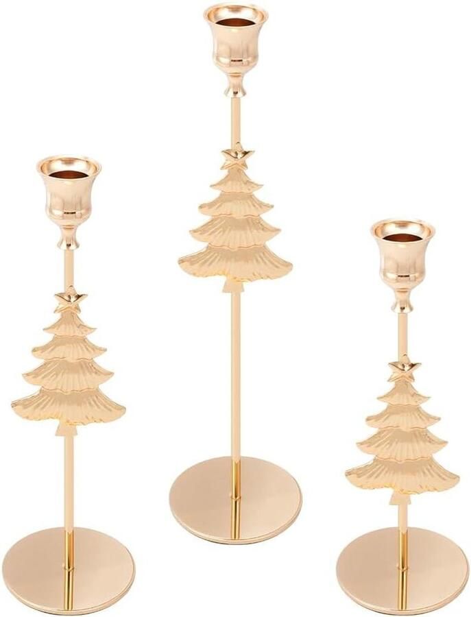 Premium Gouden Kerstboom Kandelaar Houders Set van 3 Maten Metalen Kandelaars Boom Kandelaar Tafel Middenstuk Feestelijke Ornamenten Thuis Kerstdecoratie