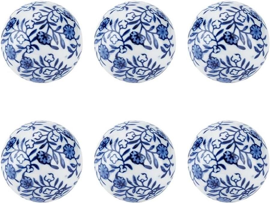 Premium Handgemaakte porseleinen kralen set van 6 stuks in blauw en wit 6 cm decoratieve bollen met 2 mm gat geschikt voor middenstukken vazen en tafels