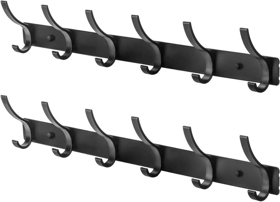 Allecto Premium Set van 2 Zwarte Kapstokhaken met 12 Haken Kapstok voor Slaapkamer Badkamer Keuken Wandkapstok voor Jassen Mantels en Handdoeken