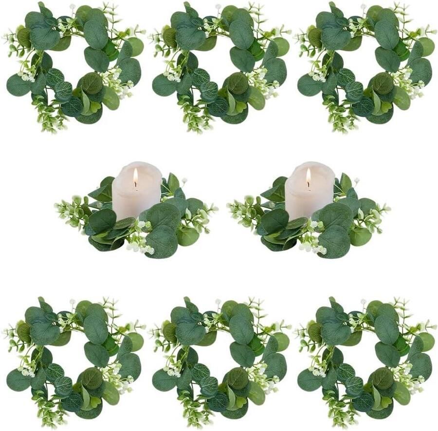 Premium Kaarsringen met kunstmatige eucalyptus bladeren Set van 8 stuks Decoratieve kaarsenkransen voor feest bruiloft tafel woondecoratie