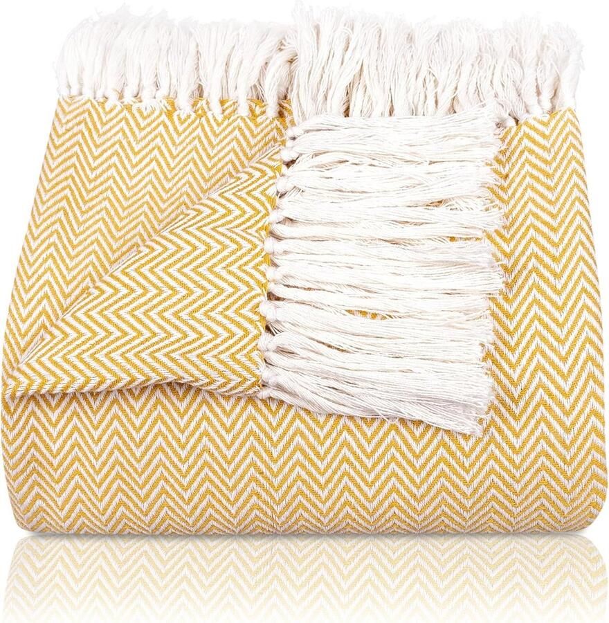 Premium Katoenen Sprei 220 x 240 cm XXL Visgraatpatroon met Franjes Zomer Deken Ideaal als Bed- en Bankdeken