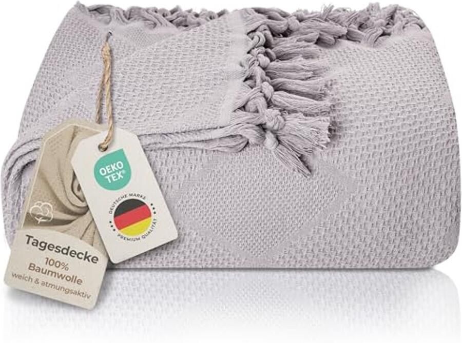 Premium Katoenen Wafelpiqué Sprei met Handgeknoopte Franjes Zomerdeken voor Bed en Bank 150 x 220 cm
