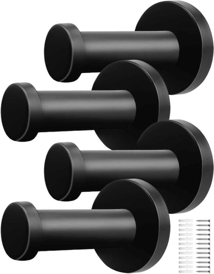 Premium Kledinghaken Set van 4 Zwarte Matte Lak Wandhaken 53mm Roestvrij Stalen Kapstokhaken Verbeterde Modellen
