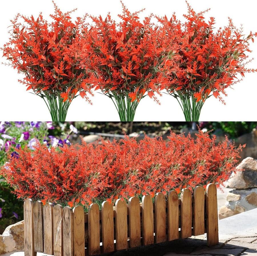 Premium Kunstplanten en -bloemen UV-bestendig 10 Bundels Kunstbloemen en -struiken Lavendel in Pot voor Huis Tafel en Tuin Rode Decoratie